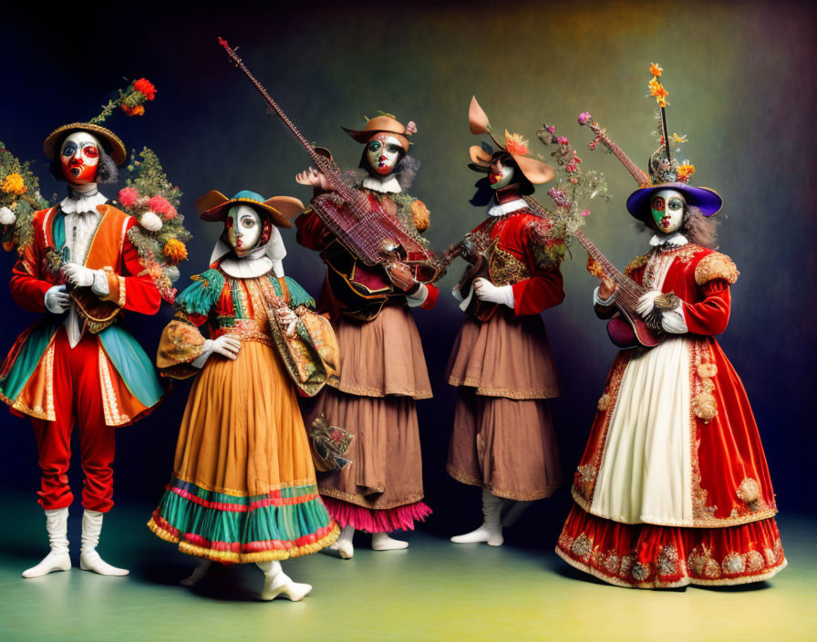 Vibrant characters in renaissance costumes with musical instruments