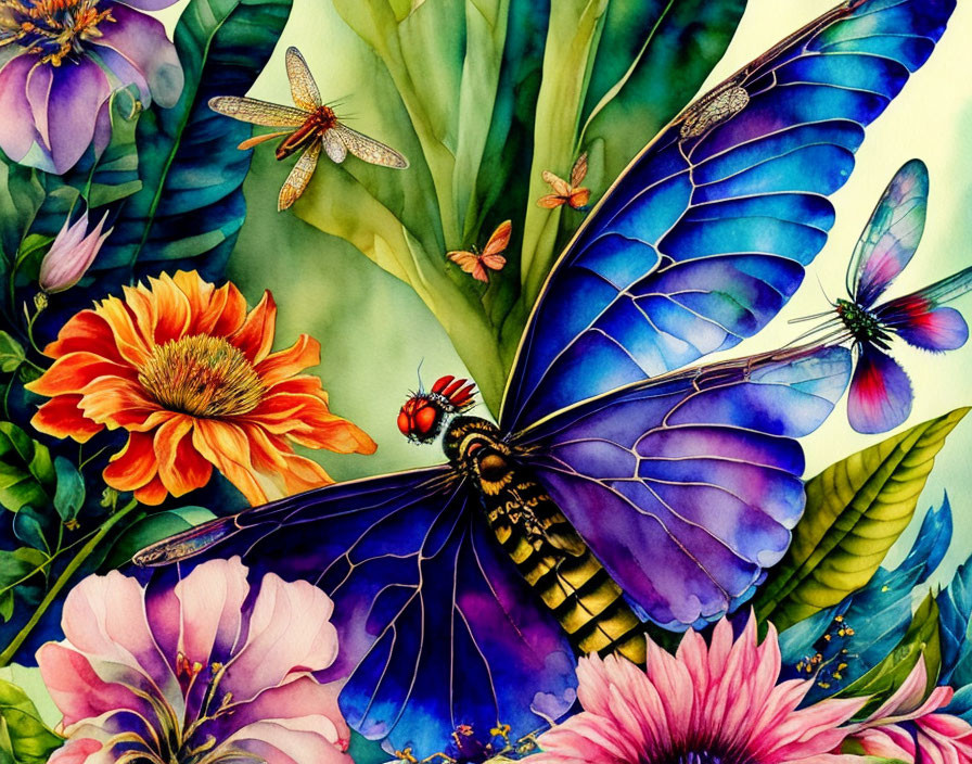 Colorful Watercolor Painting of Blue Butterfly, Flowers, and Dragonfly