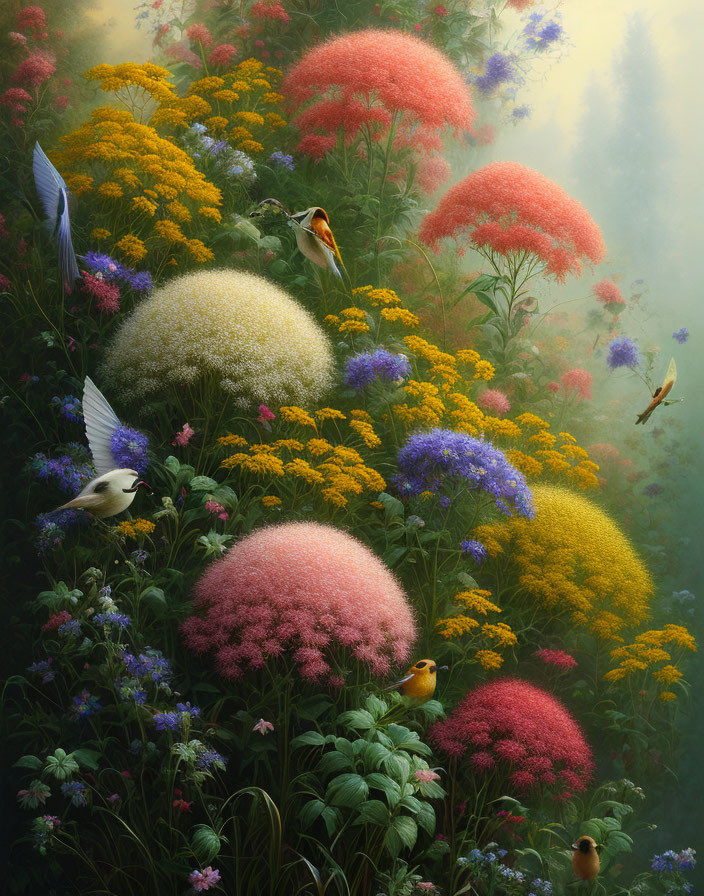 Colorful garden with fluffy flowers and fluttering birds in misty setting