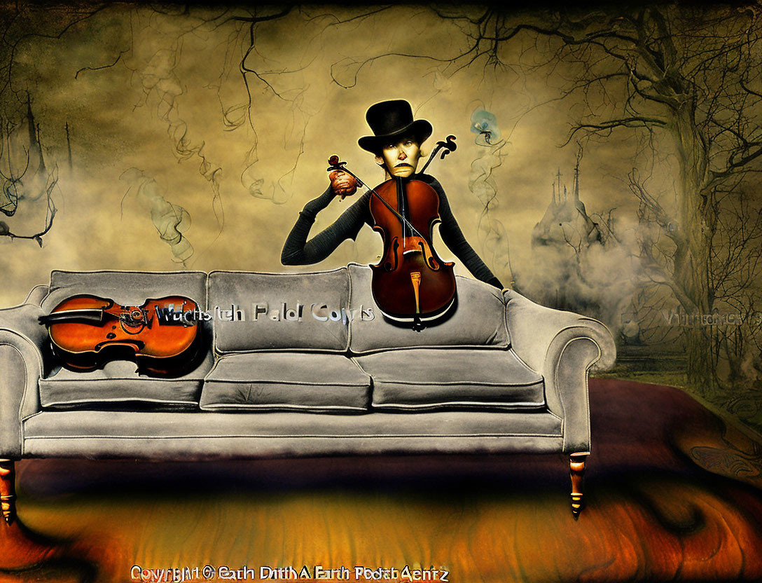 Surreal artwork: person with violin body & cello legs, holding bow & apple, sitting