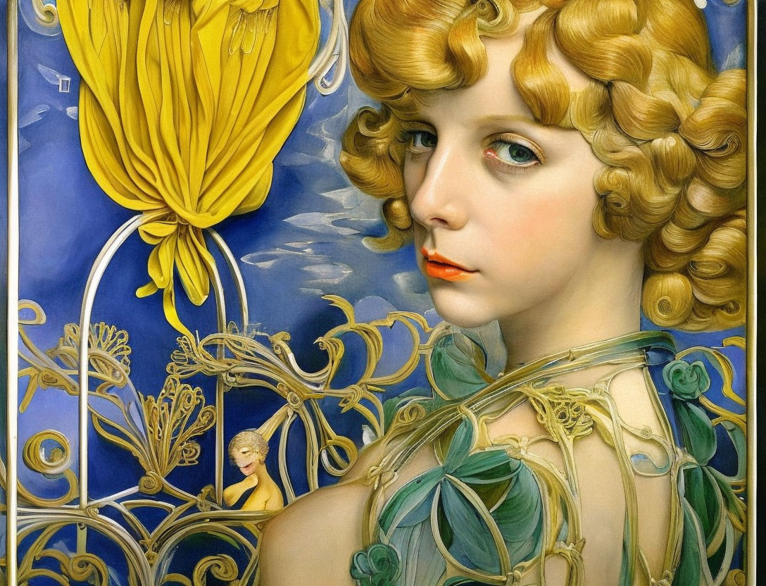 Stylized painting of woman with golden curls in green outfit among yellow flowers and blue backdrop with Art