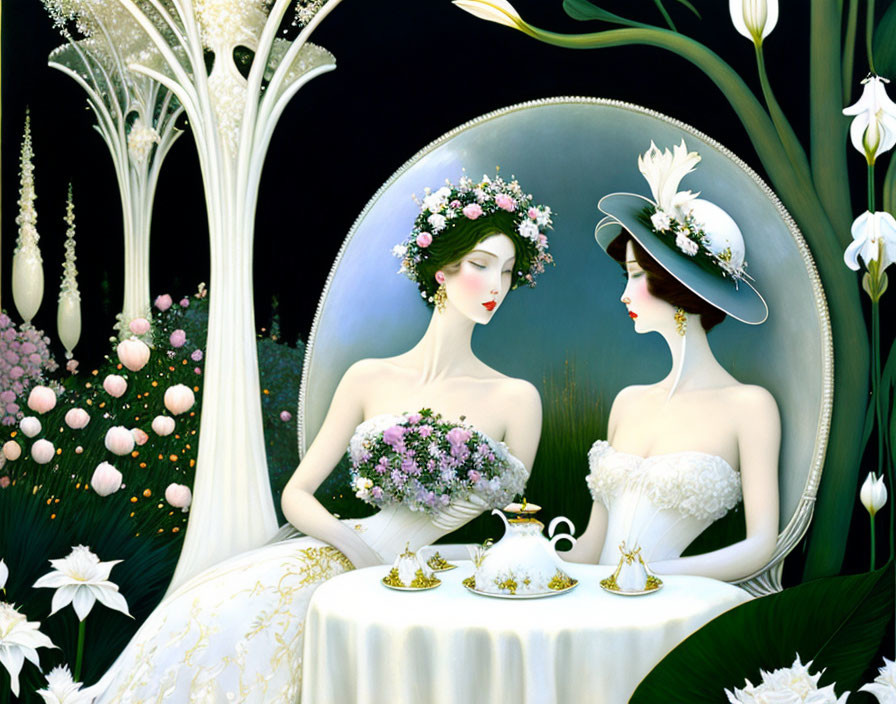 Two women in white dresses and floral hats at a table with teapot, white flowers, and dark