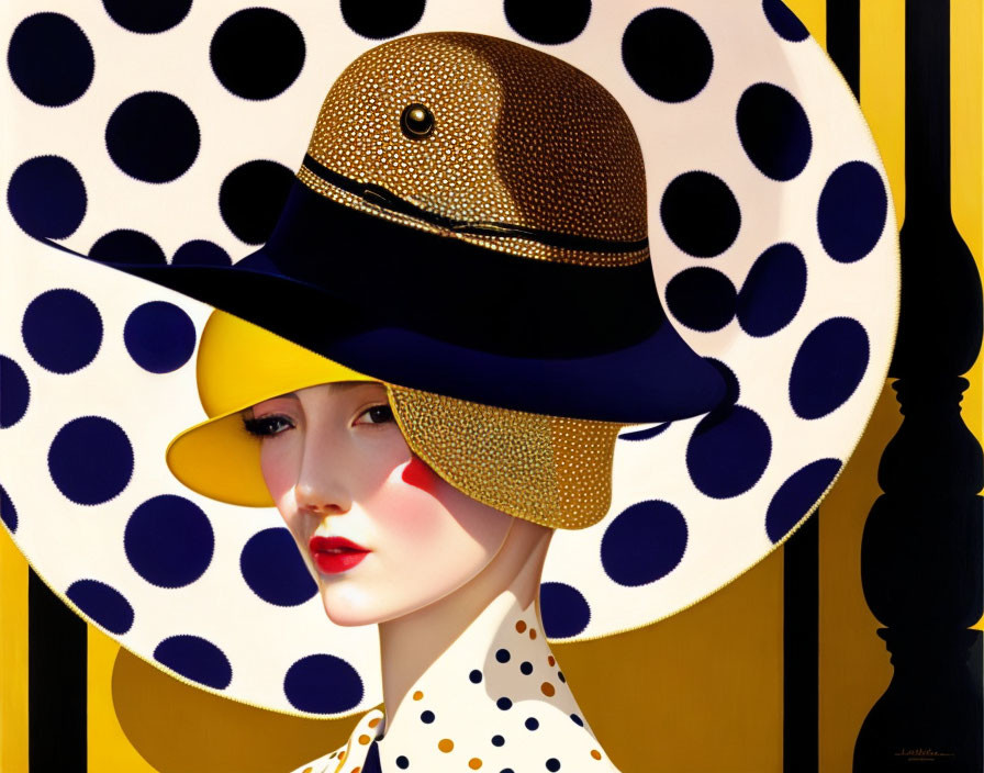 Stylized portrait of woman in polka-dotted blouse and hat on bold yellow and black background