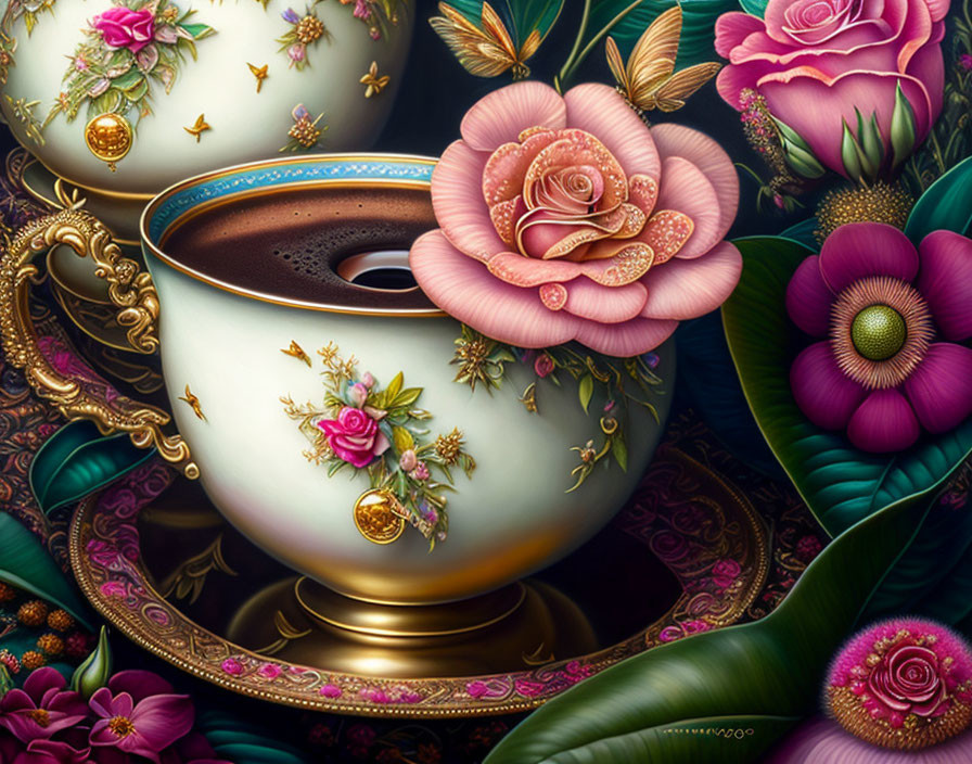 Intricate golden designs on ornate coffee cup with roses and gilded leaves