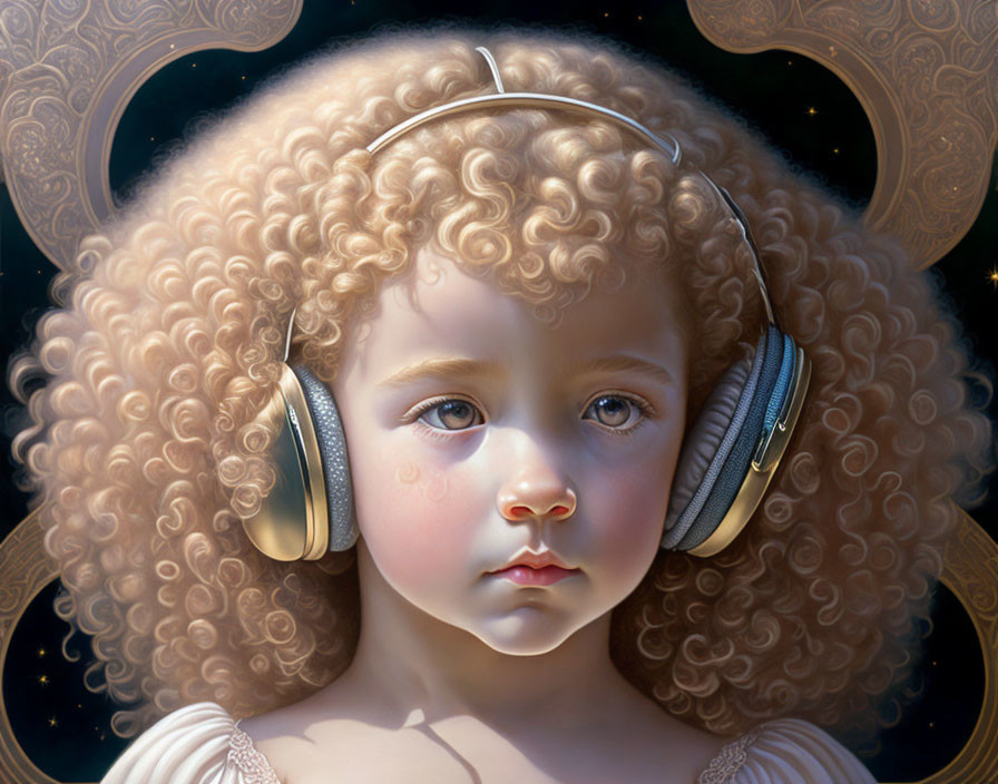 Child with curly hair in headphones gazes thoughtfully against starry backdrop