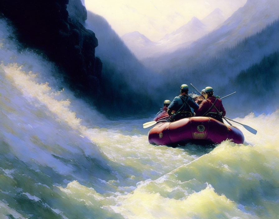 Raft navigating river rapids with canyon walls and mountain vista