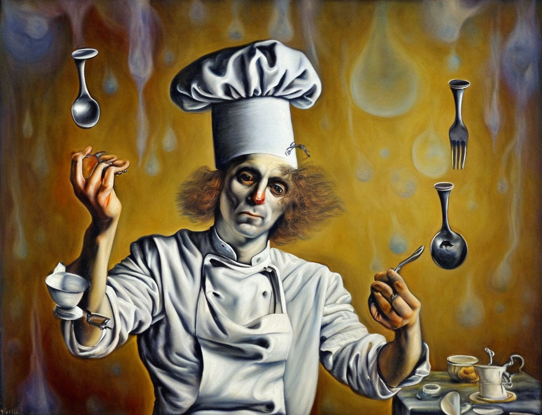 Whimsical painting of chef juggling utensils in surreal setting