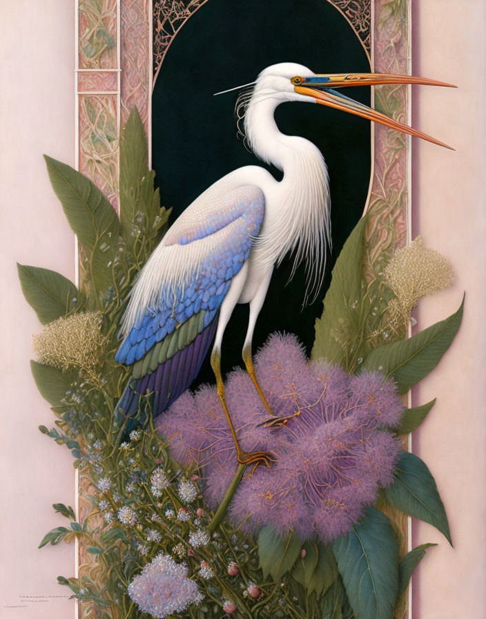 White egret with blue wing accents on purple flowers against ornate background