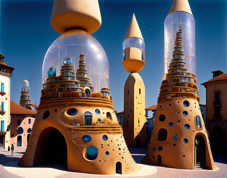 Fantastical surreal architecture against clear blue sky