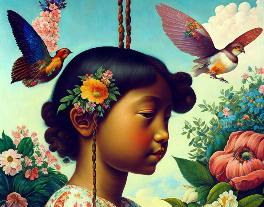 Surreal artwork featuring girl with floral headdress and birds in vibrant flora landscape