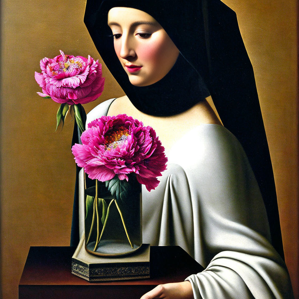 Contemplative woman in habit next to pink peonies vase