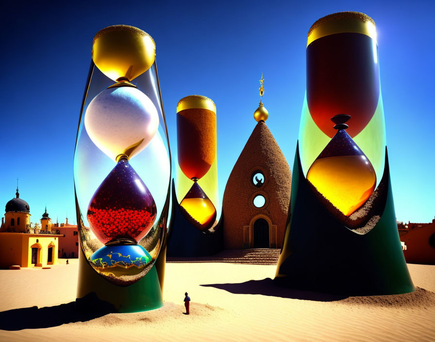 Surreal desert scene with hourglass structures, figure, and dome building