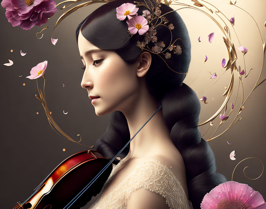 Traditional Asian Woman Playing Violin with Floral and Golden Accents