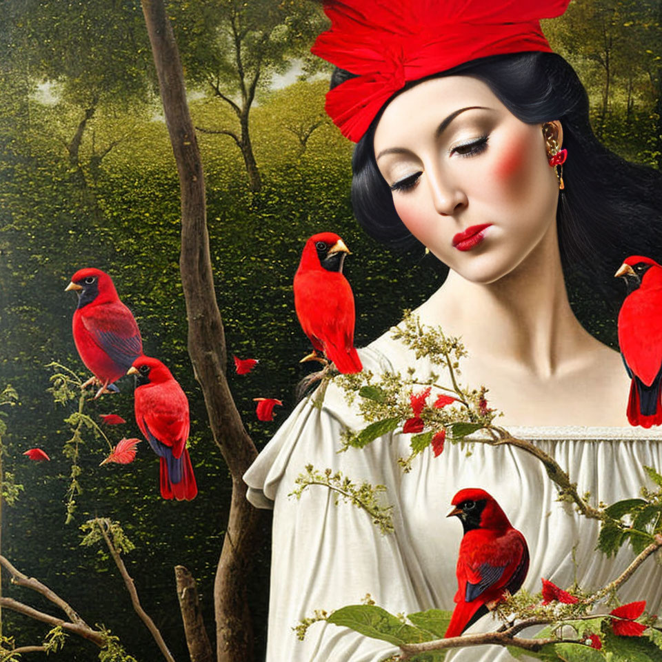 Stylized portrait of woman with pale skin, red lips, and red hat in forest with card