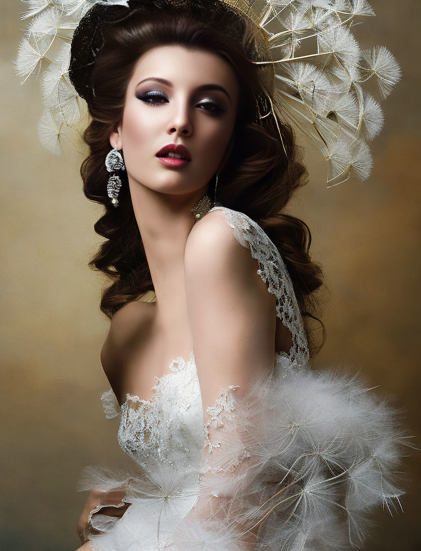 Woman with dandelion seed head accessories in white lace dress