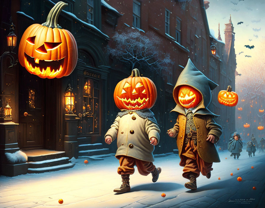 Children with pumpkin heads in snowy Halloween scene.