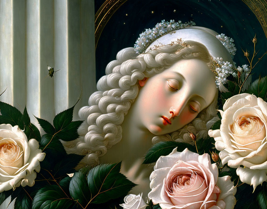 Portrait of Woman with Curly Hair and Floral Headpiece Surrounded by White Roses