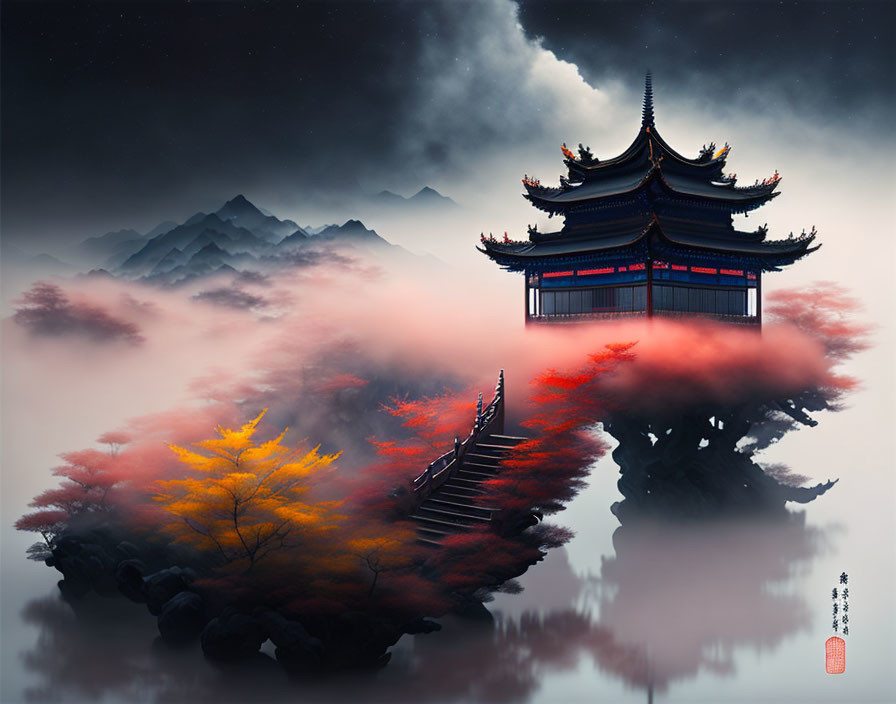 Traditional East Asian Pagoda on Misty Islets with Autumn Trees and Moody Sky