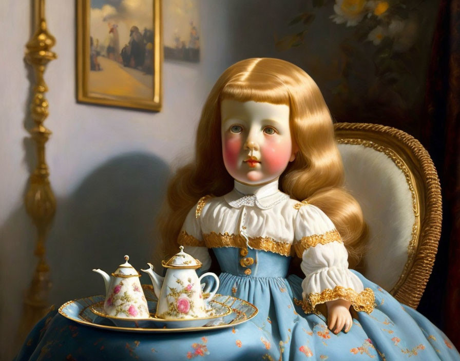 Realistic painting: Doll with golden hair, blue dress, tea set, background paintings