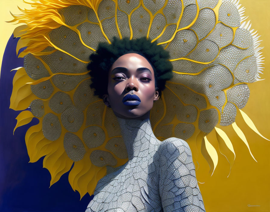 Digital artwork: Woman with Afro and sunflower headdress on yellow background