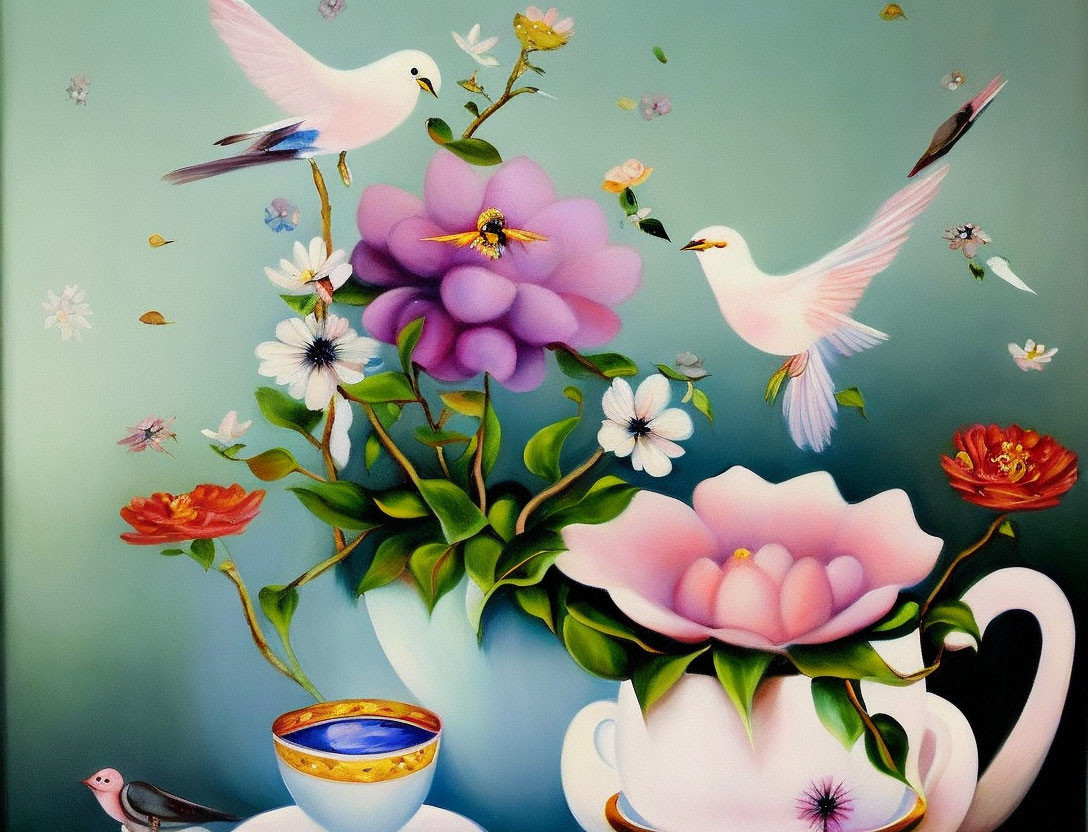 White Birds Flying Among Colorful Flowers and Teacup Set with Butterfly