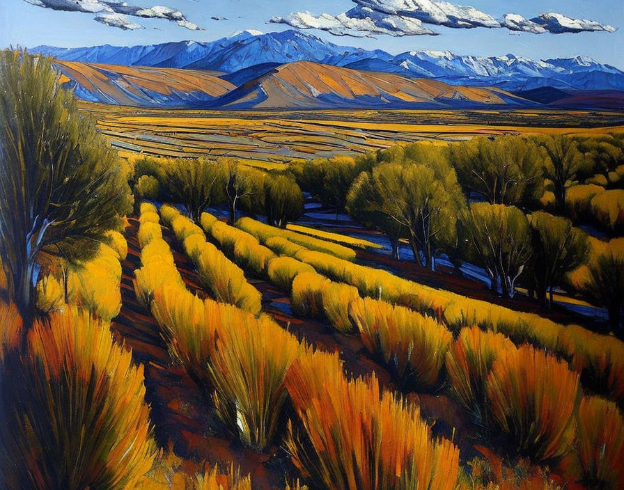 Golden-yellow fields, rows of trees, and distant blue mountains under clear sky