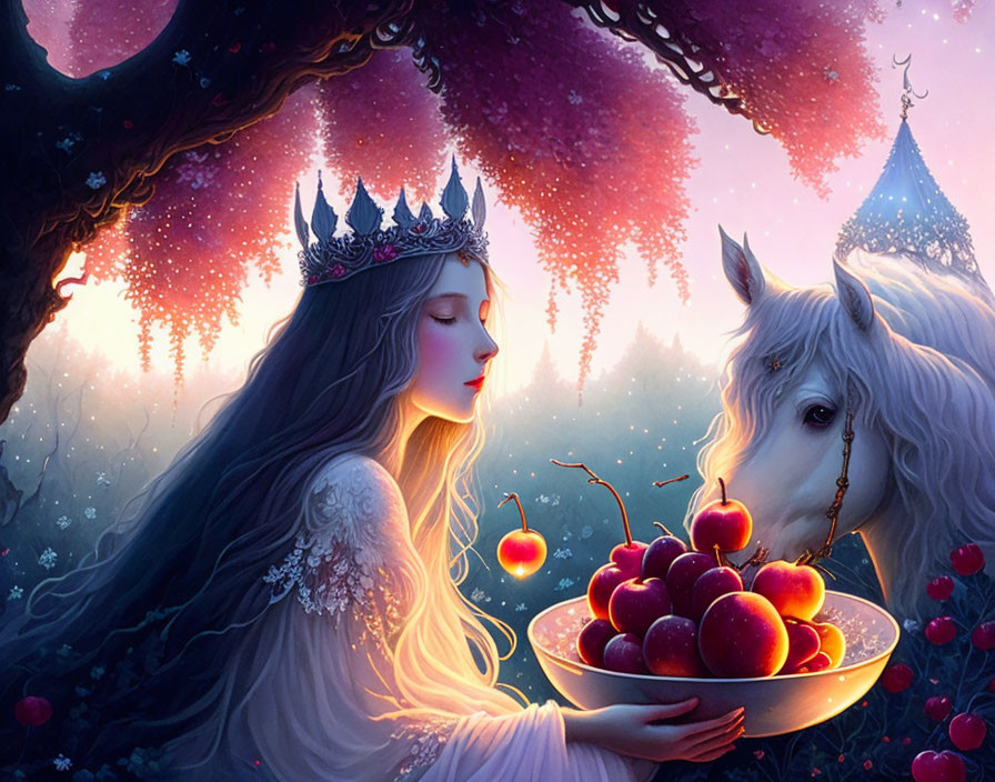 Mystical forest scene: woman with crown, unicorn, apples, castle at twilight