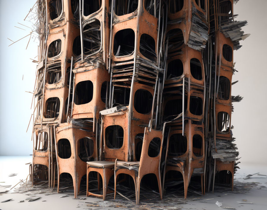 Surreal tower-like structure made of distorted fused chairs on neutral backdrop