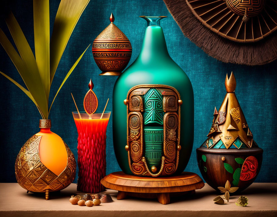 Vibrant still life with exotic vases and cultural decor on teal background