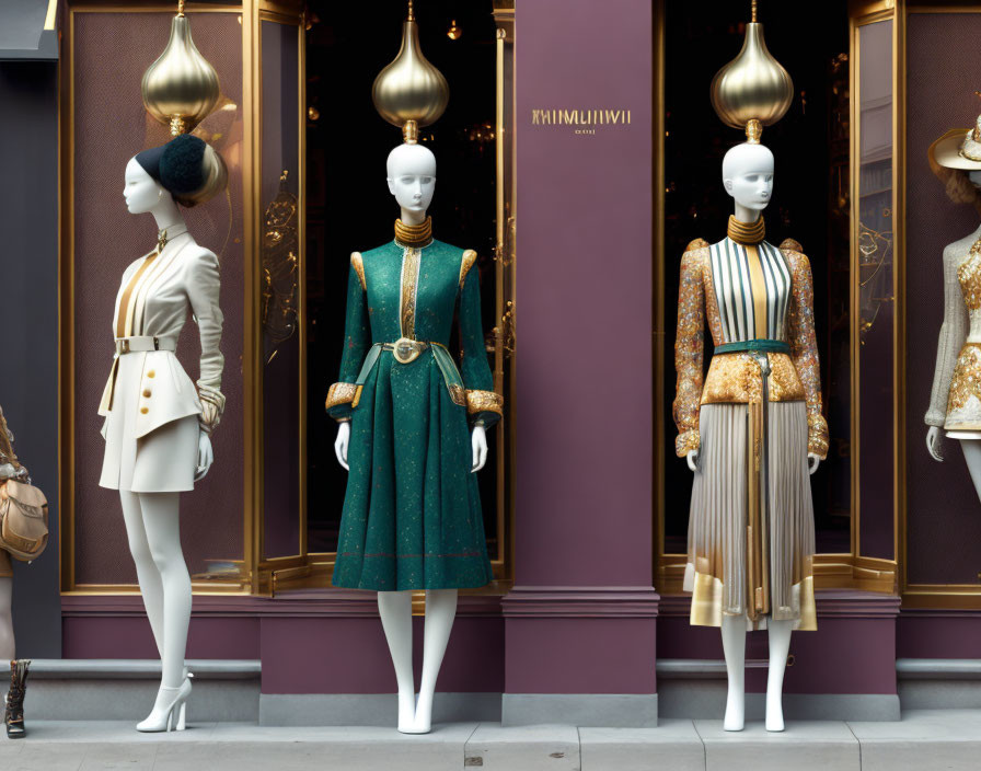 Mannequins showcasing elegant green, white, beige dresses with gold accents on purple backdrop