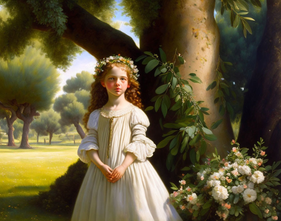 Young girl in white dress with floral wreath in sunlit garden surrounded by trees and flowers