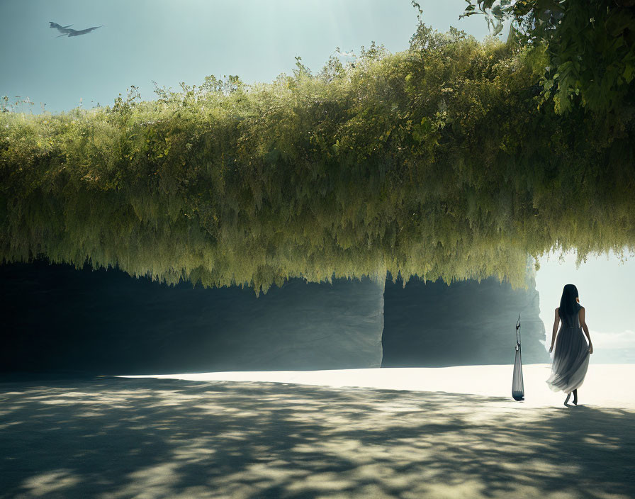 Woman standing on sandy ground gazes at inverted landscape with lush green underside and surreal sky with hovering bird