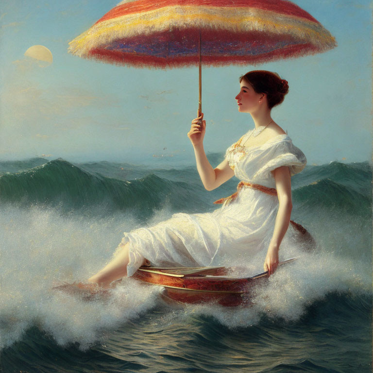 Woman in white dress on small boat with umbrella in serene ocean scene