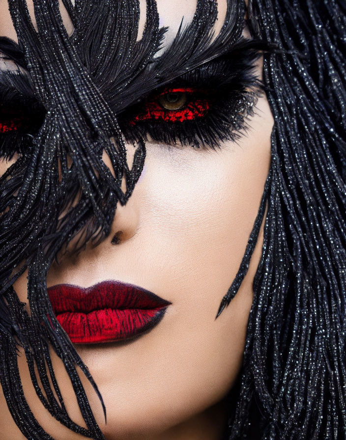 Close-up portrait of person with black feathered eye makeup and red eyeshadow and lips, obscured