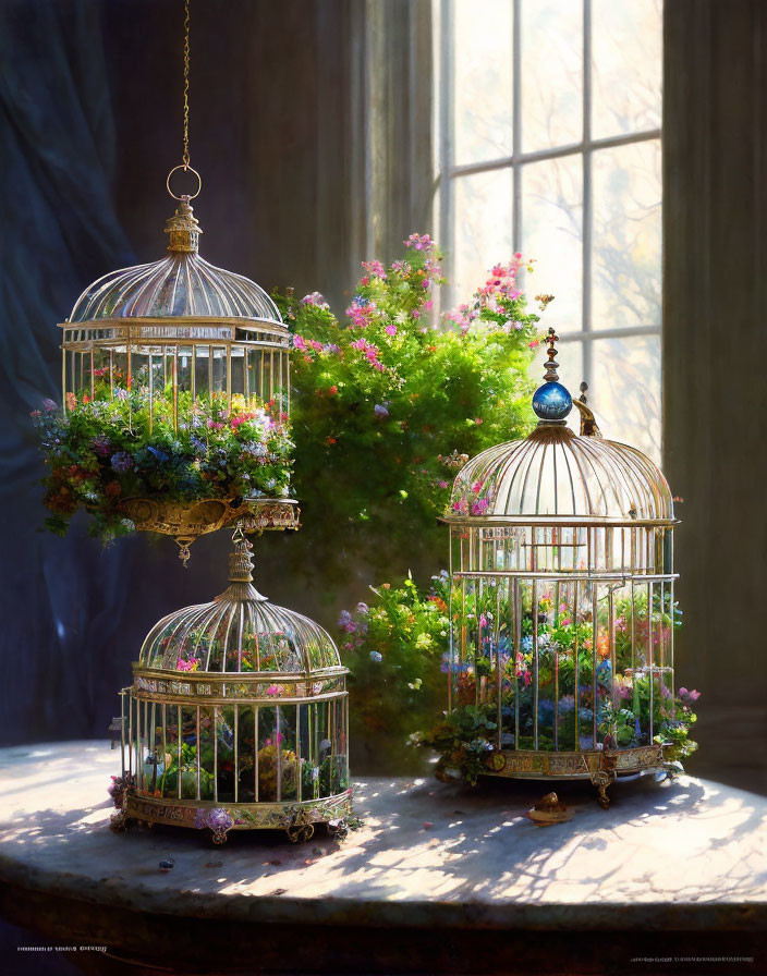 Ornate birdcages as planters with blooming flowers in soft light