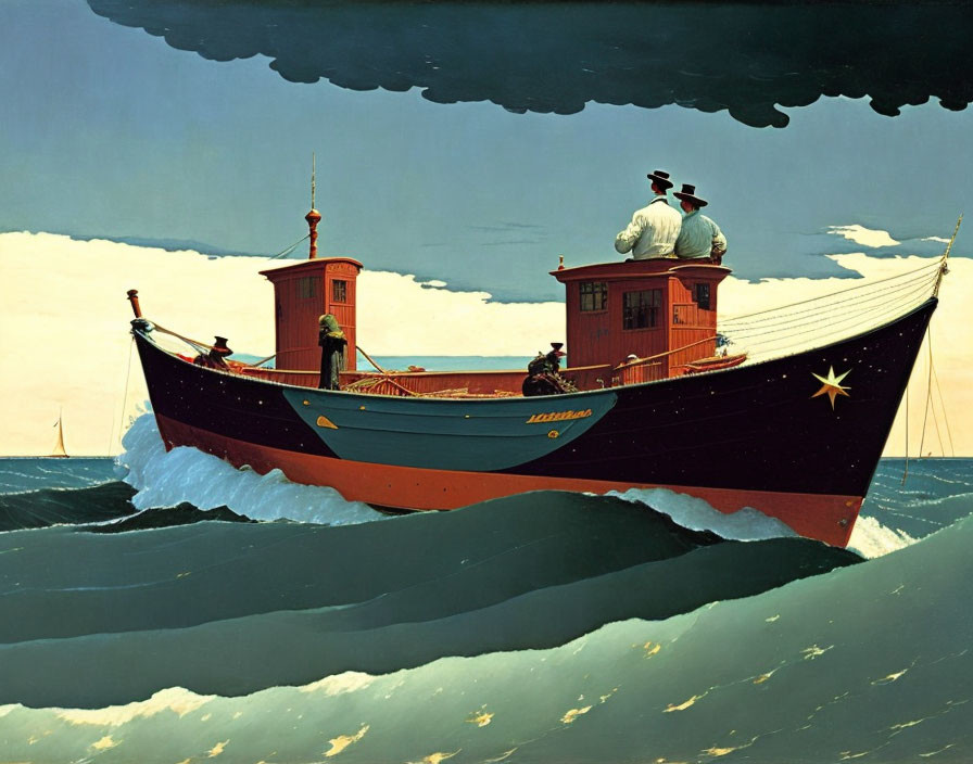 Surreal painting: Ship "Landfall" above sea with people and star reflection