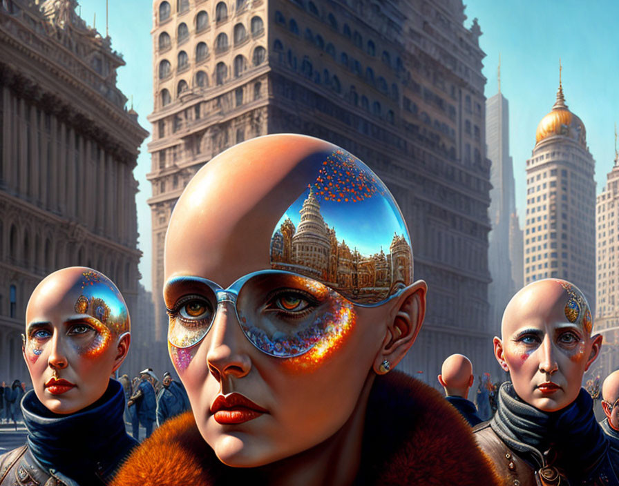 Surreal artwork of bald figures with cityscapes and cosmos reflected in glossy foreheads