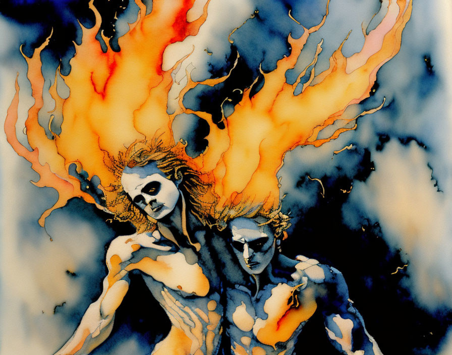 Fiery-haired figures with painted faces in dynamic scene