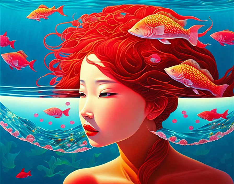 Illustration: Red-haired woman underwater with pink fish in wavy reflection