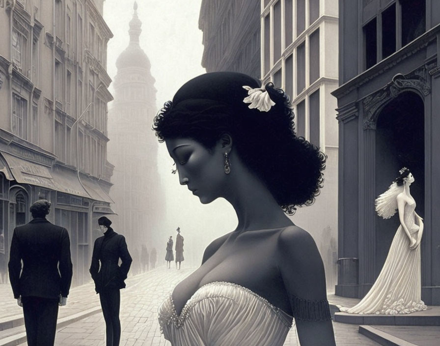 Monochrome stylized woman in profile with vintage city backdrop