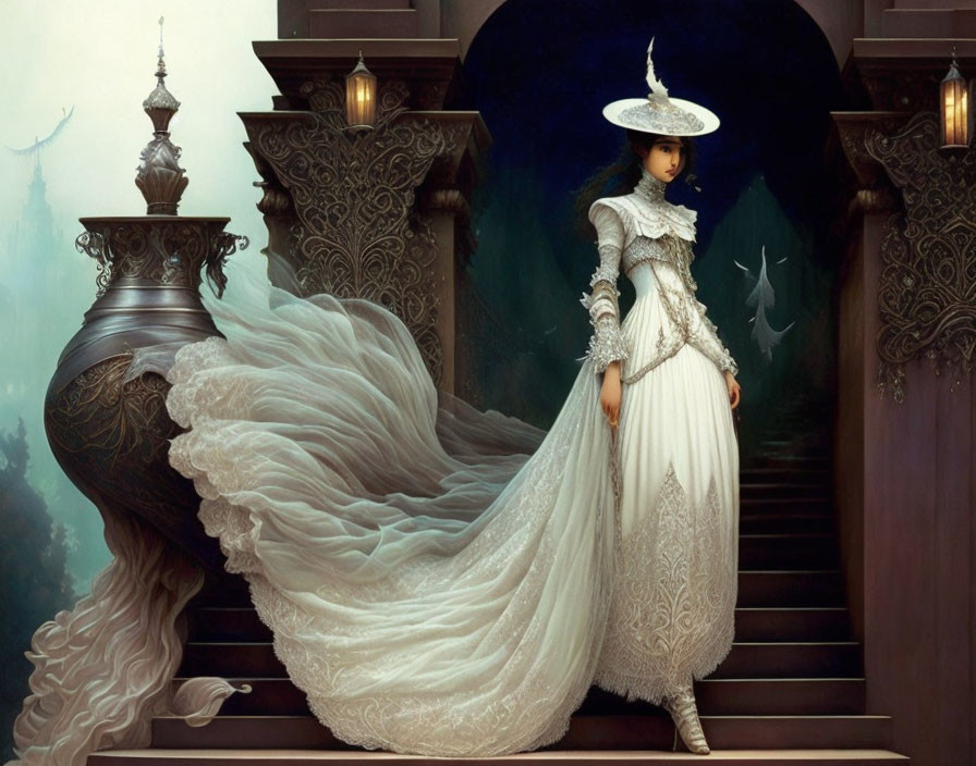 Woman in white period dress on grand staircase.