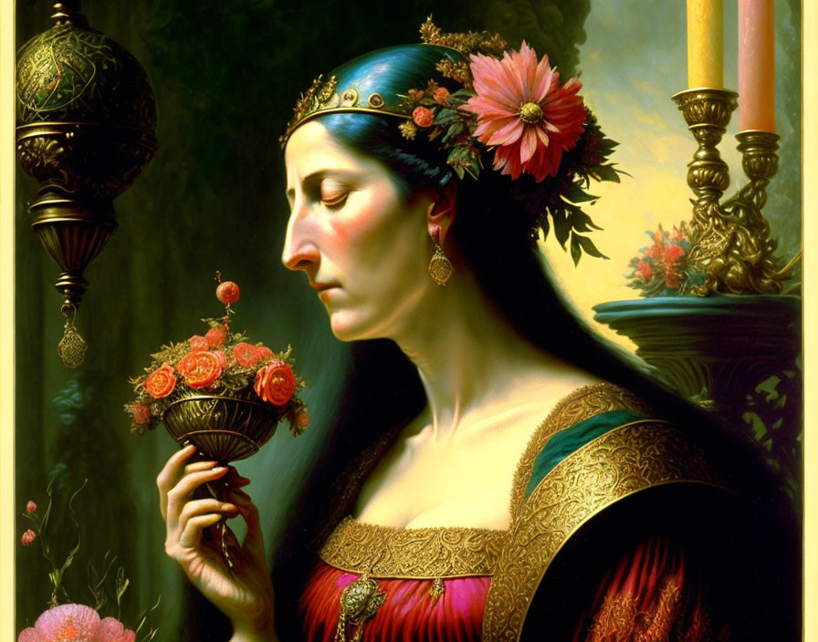 Classical portrait of a woman in red dress with blue headband and bouquet by ornate pillars.