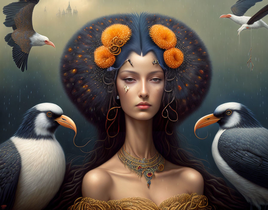 Regal woman with ornate jewelry and majestic birds in misty castle scene