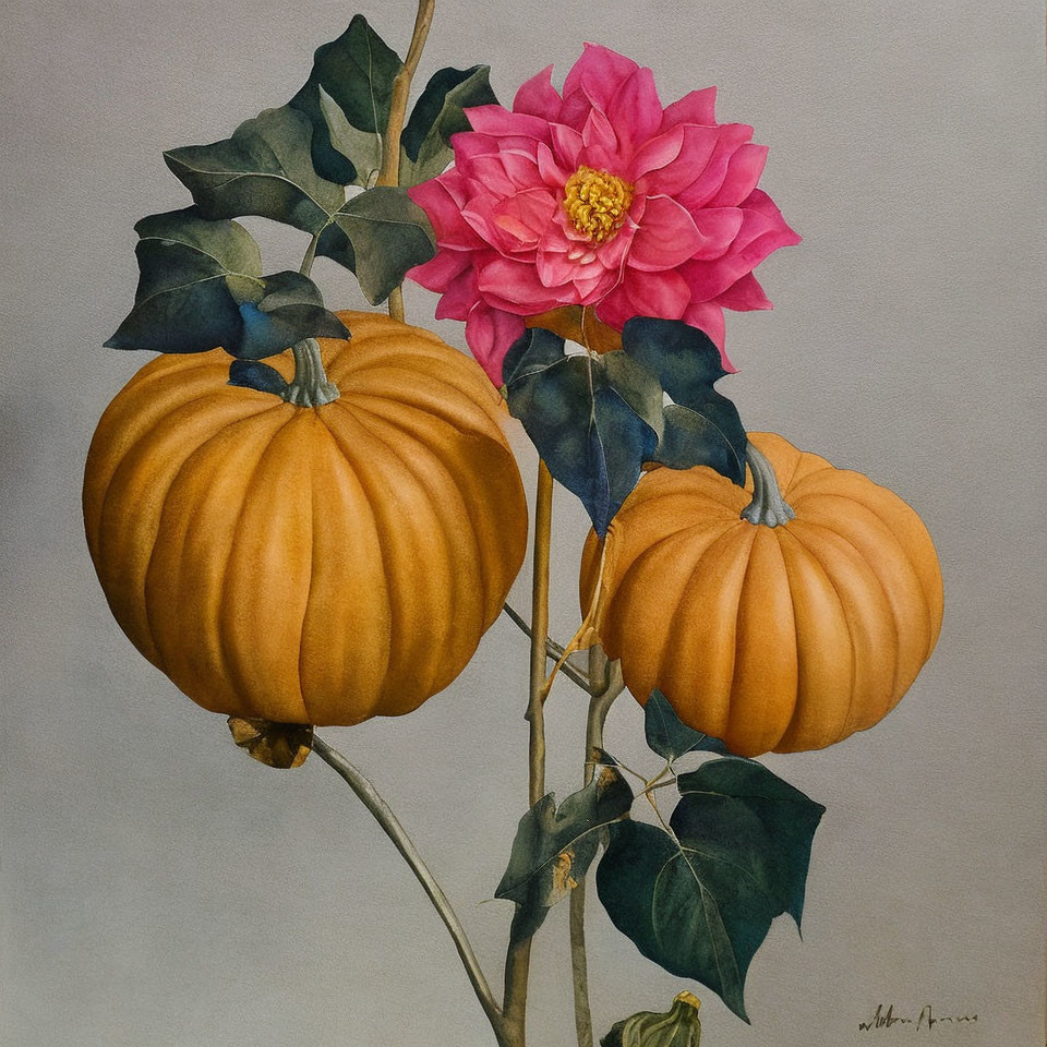 Vibrant pink flower on ripe orange pumpkins against gray background