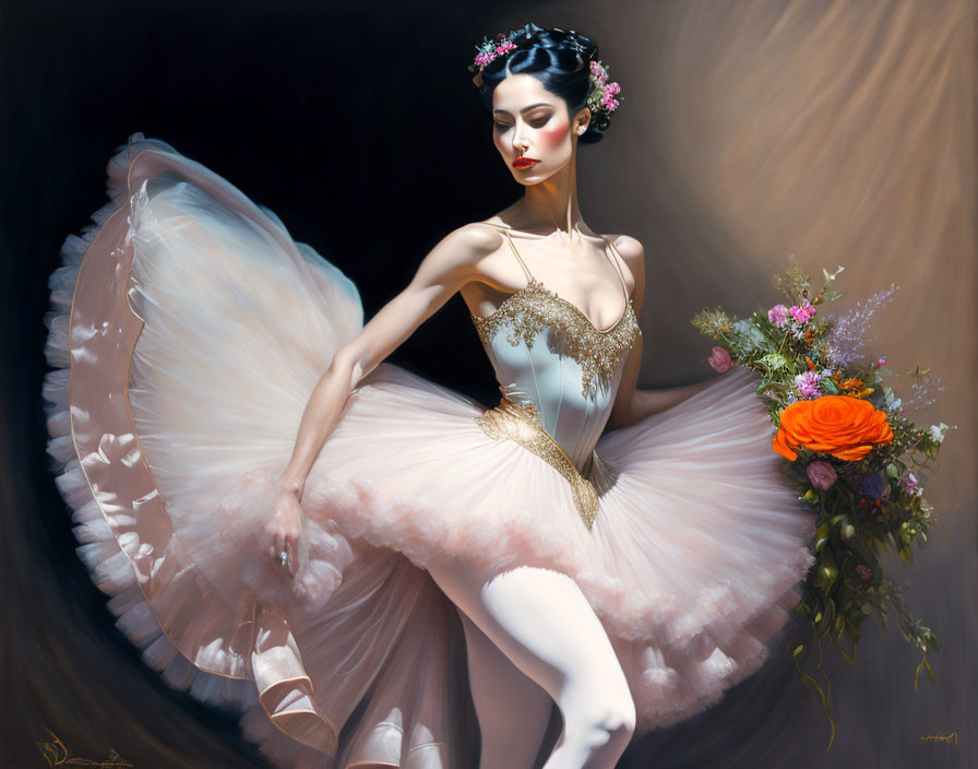 Graceful ballet dancer in pink tutu with floral crown and bouquet pose elegantly