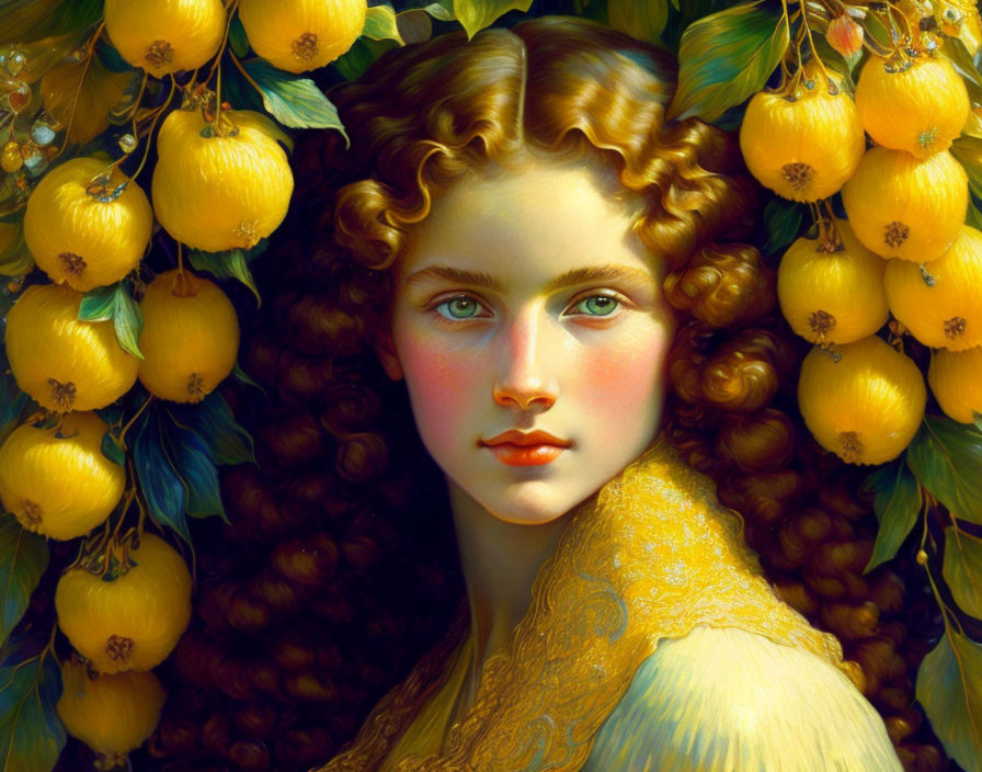 Woman with Curly Hair Surrounded by Yellow Fruits and Lush Leaves