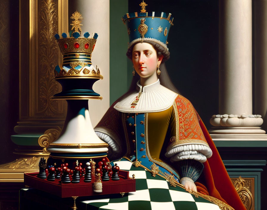 Digital artwork of woman in royal attire with chessboard and crowns.