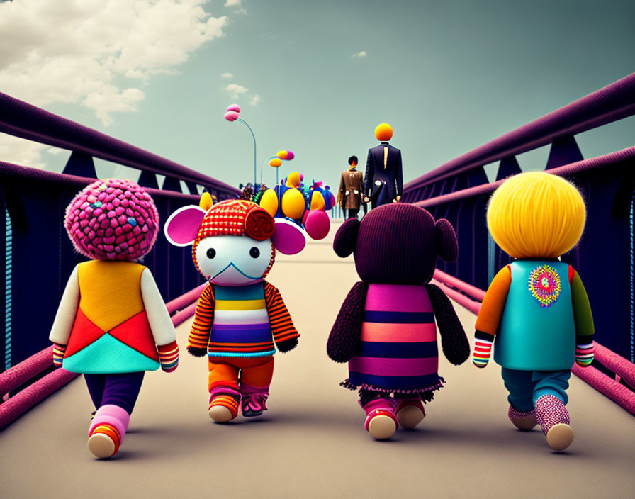 Vibrant animated characters on bridge with unique designs and outfits