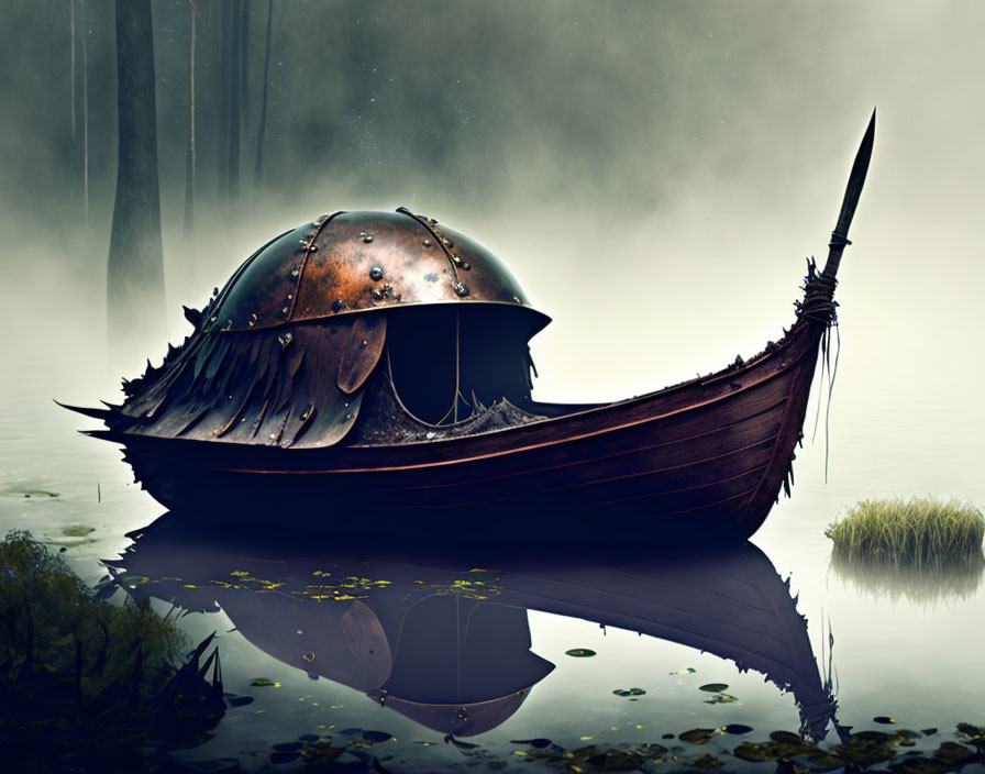 Old Viking ship with helmet and sword in misty forest reflection