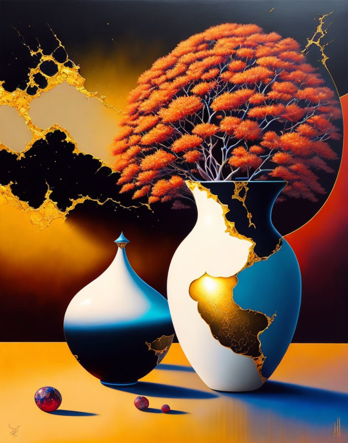 Surreal painting: vase, tree, golden-black sky, reflective objects